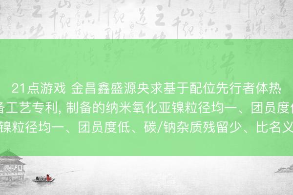 21点游戏 金昌鑫盛源央求基于配位先行者体热解的纳米氧化亚镍制备工艺专利, 制备的纳米氧化亚镍粒径均一、团员度低、碳/钠杂质残留少、比名义积高
