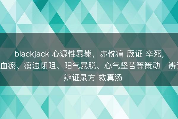 blackjack 心源性暴毙，赤忱痛 厥证 卒死，其发生与气滞血瘀、痰浊闭阻、阳气暴脱、心气坚苦等策动   辨证录方 救真汤
